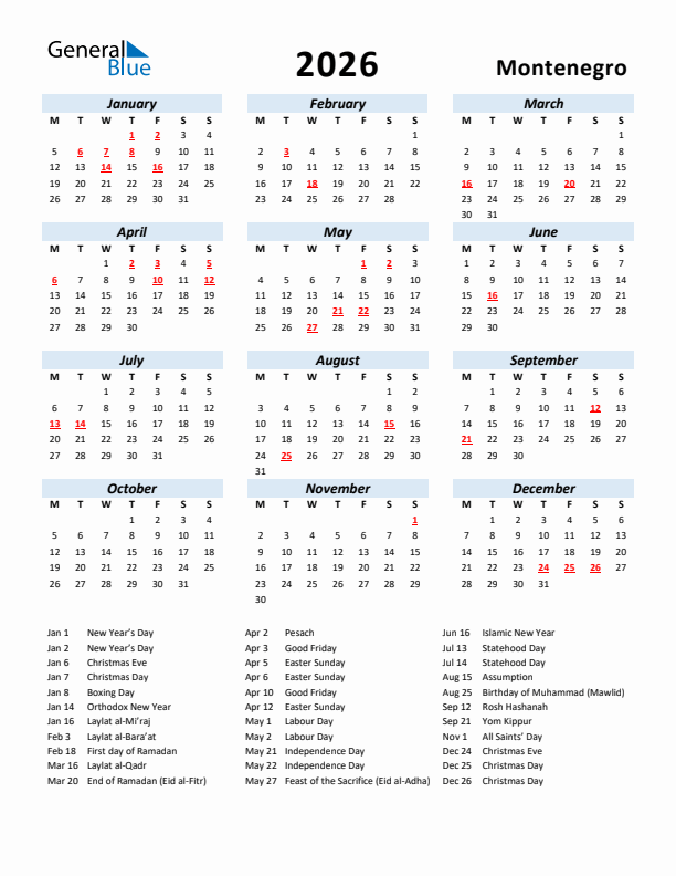 2026 Calendar for Montenegro with Holidays