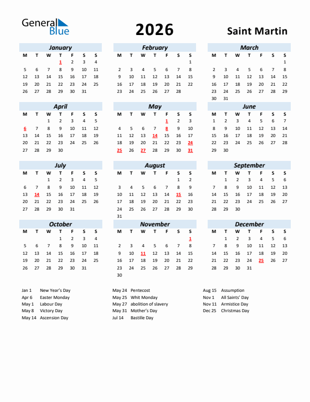 2026 Calendar for Saint Martin with Holidays