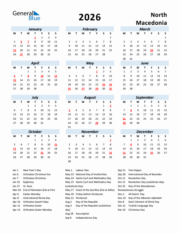 2026 Calendar for North Macedonia with Holidays