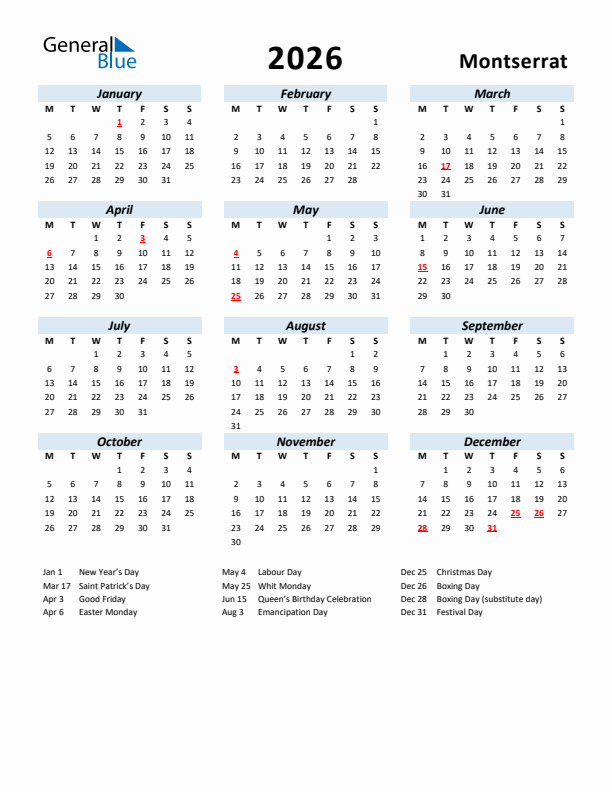 2026 Calendar for Montserrat with Holidays