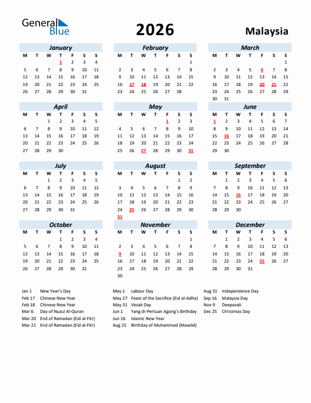 2026 Calendar for Malaysia with Holidays
