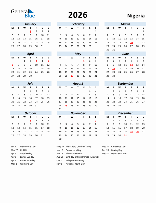 2026 Calendar for Nigeria with Holidays