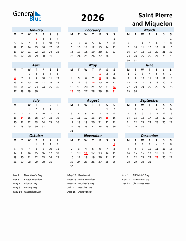 2026 Calendar for Saint Pierre and Miquelon with Holidays