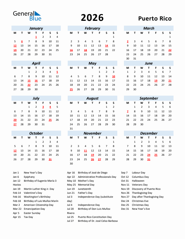 2026 Calendar for Puerto Rico with Holidays
