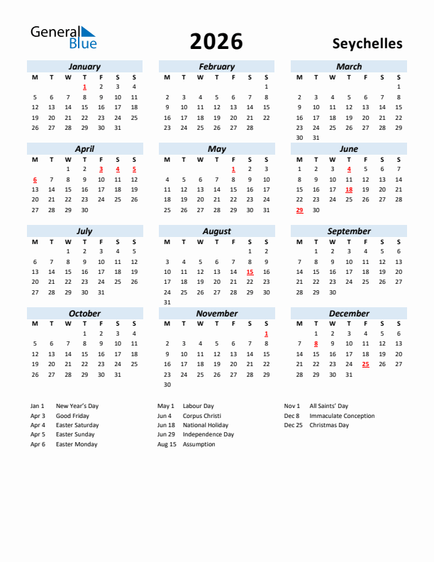 2026 Calendar for Seychelles with Holidays