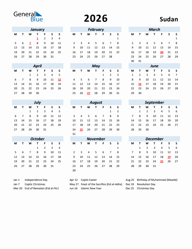 2026 Calendar for Sudan with Holidays