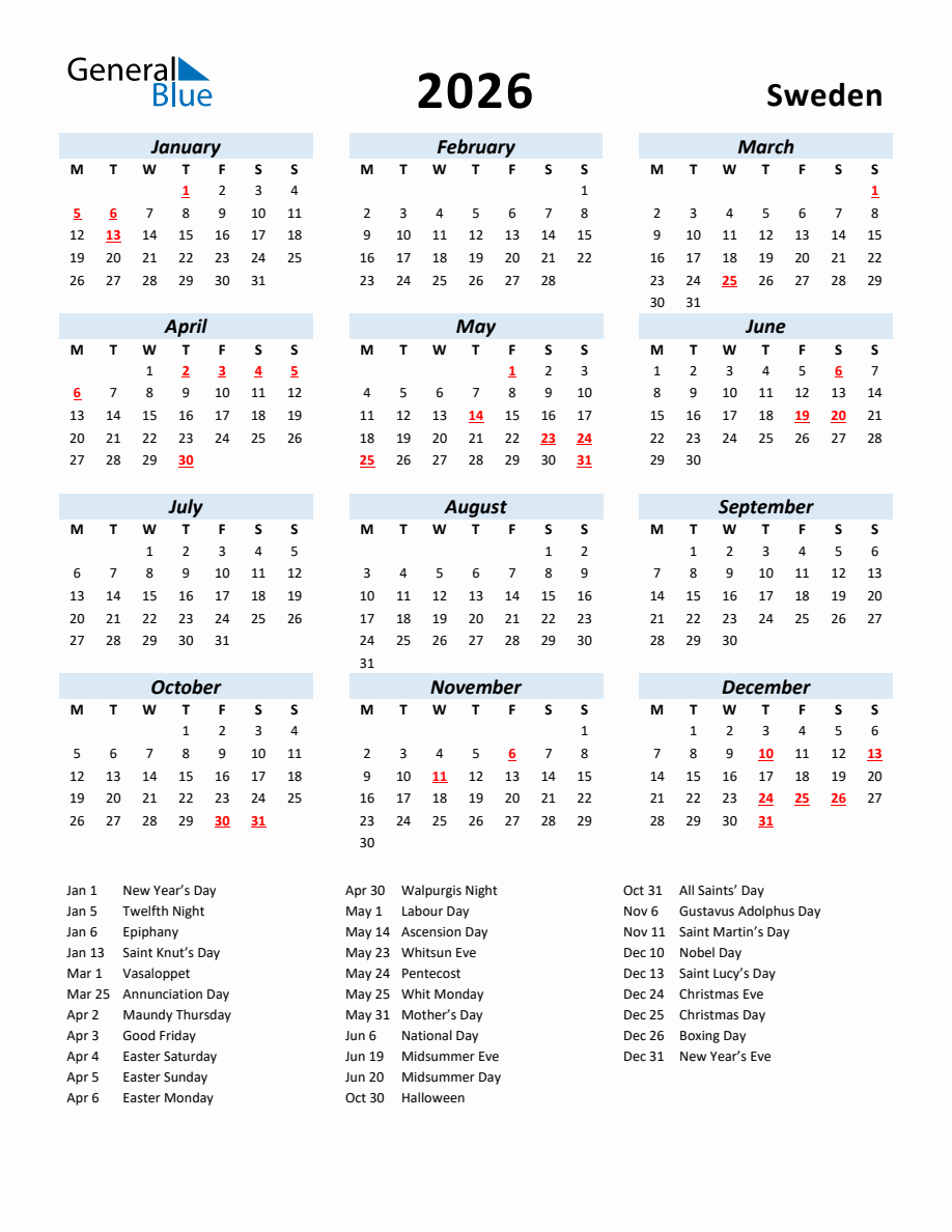 2026 Yearly Calendar for Sweden with Holidays - Monday Start