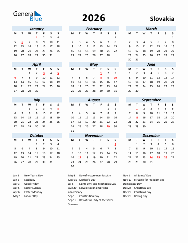 2026 Calendar for Slovakia with Holidays