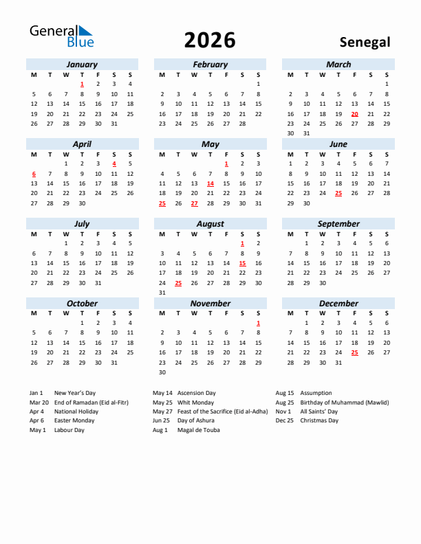 2026 Calendar for Senegal with Holidays