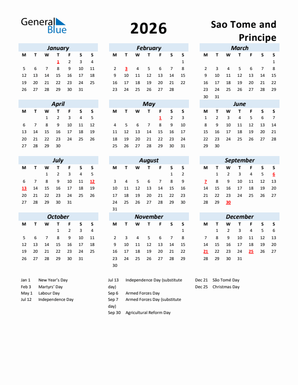2026 Calendar for Sao Tome and Principe with Holidays