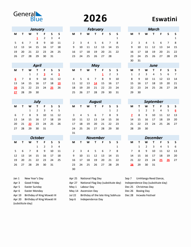 2026 Calendar for Eswatini with Holidays