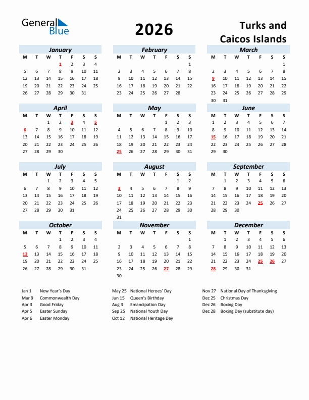 2026 Calendar for Turks and Caicos Islands with Holidays
