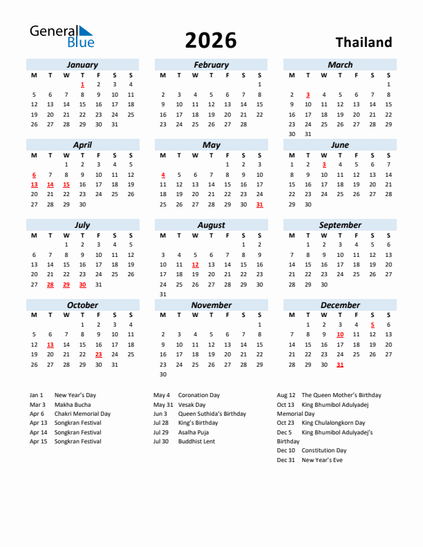 2026 Calendar for Thailand with Holidays