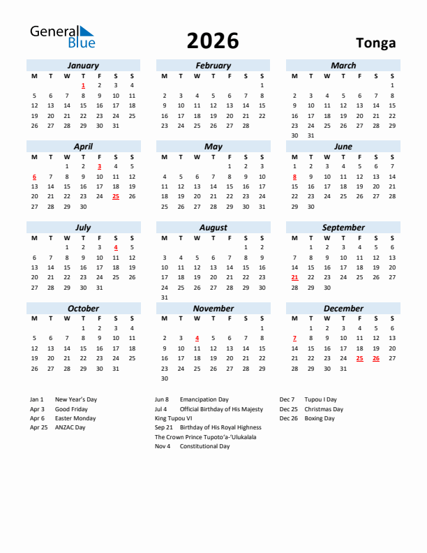 2026 Calendar for Tonga with Holidays