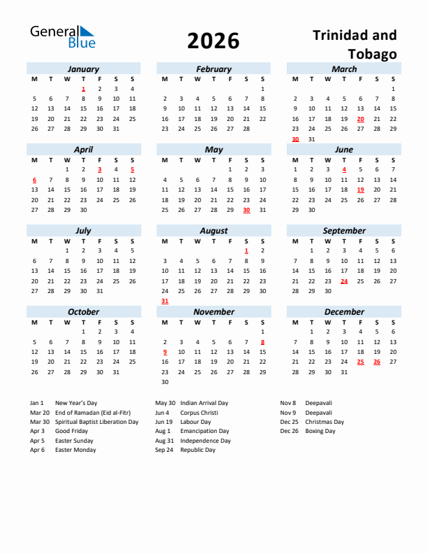 2026 Calendar for Trinidad and Tobago with Holidays