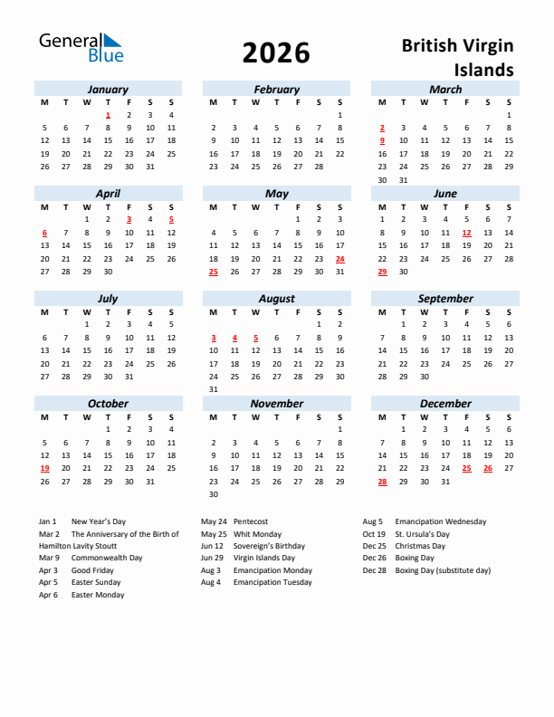 2026 Calendar for British Virgin Islands with Holidays