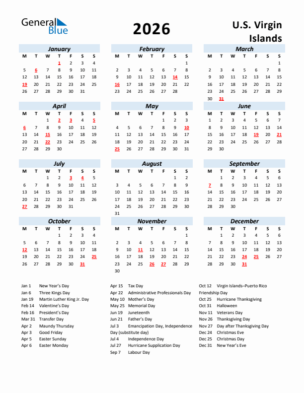 2026 Calendar for U.S. Virgin Islands with Holidays