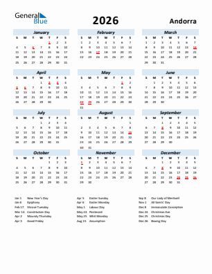 Andorra current year calendar 2026 with holidays