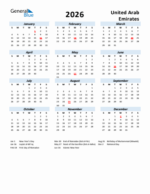 United Arab Emirates current year calendar 2026 with holidays