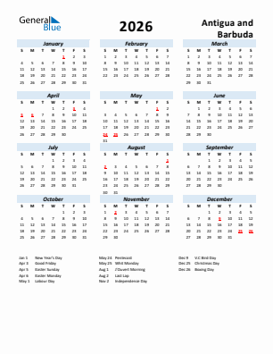 Antigua and Barbuda current year calendar 2026 with holidays