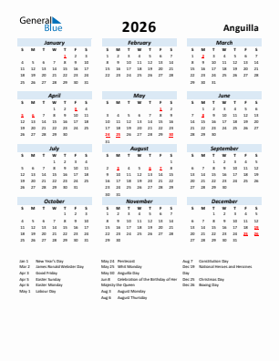 Anguilla current year calendar 2026 with holidays