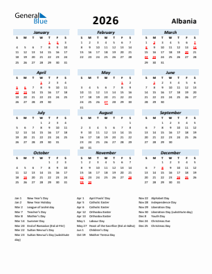 Albania current year calendar 2026 with holidays