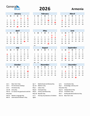 Armenia current year calendar 2026 with holidays