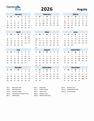 Angola current year calendar 2026 with holidays