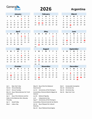 Argentina current year calendar 2026 with holidays