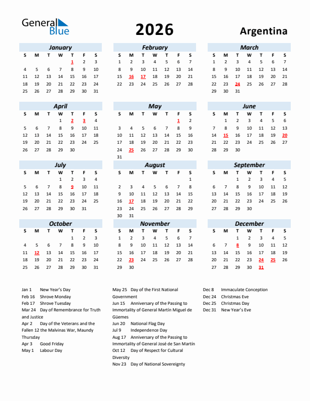 2026 Calendar for Argentina with Holidays