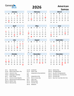 American Samoa current year calendar 2026 with holidays
