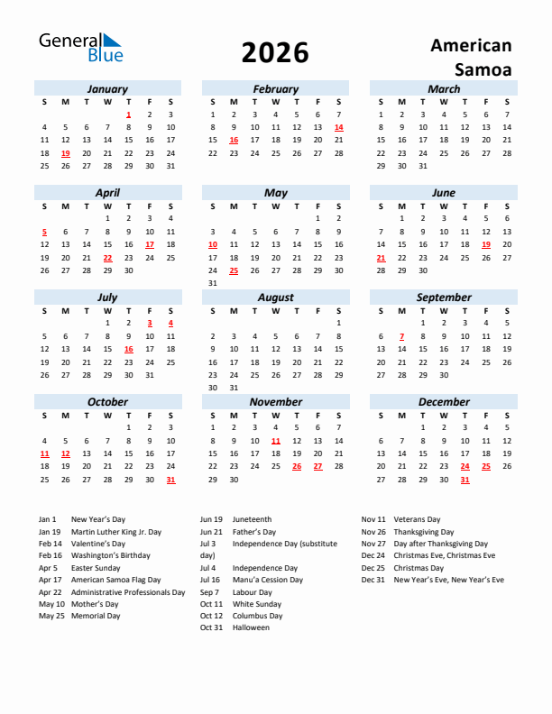 2026 Calendar for American Samoa with Holidays