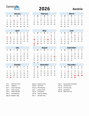 Austria current year calendar 2026 with holidays