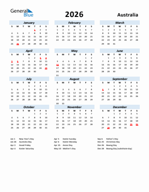 Australia current year calendar 2026 with holidays