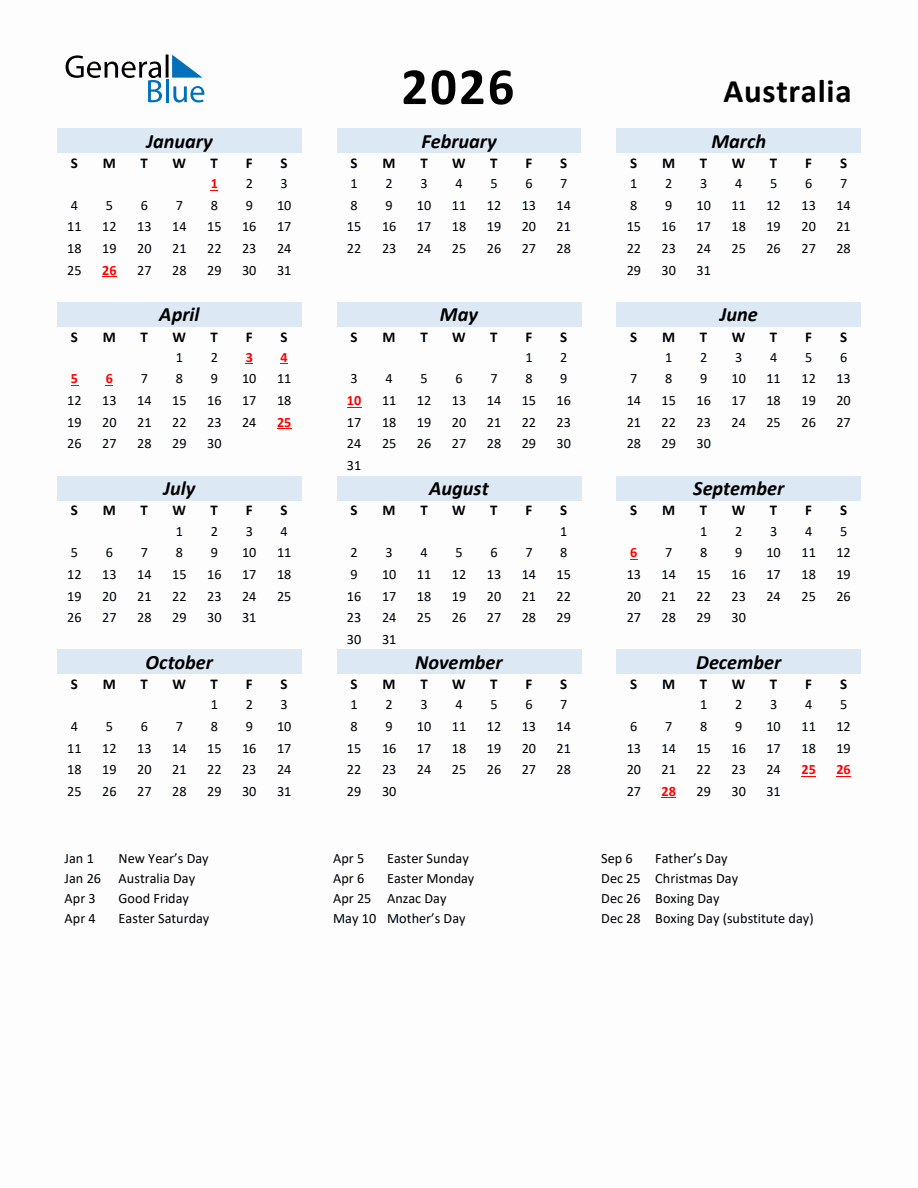 Yearly Calendar for Australia with Holidays Yearly Calendar for Australia with Holidays