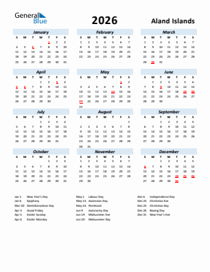 Aland Islands current year calendar 2026 with holidays