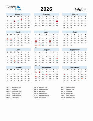 Belgium current year calendar 2026 with holidays