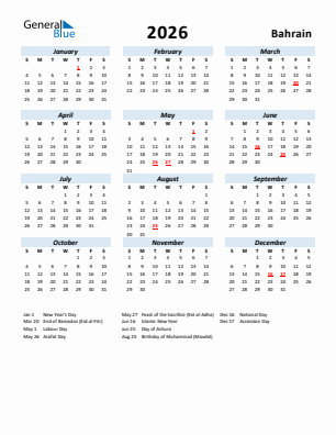 Bahrain current year calendar 2026 with holidays