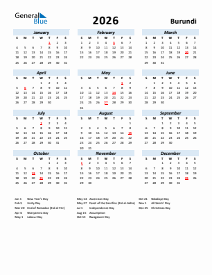 Burundi current year calendar 2026 with holidays