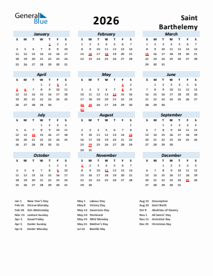 Saint Barthelemy current year calendar 2026 with holidays