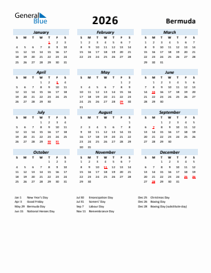 Bermuda current year calendar 2026 with holidays