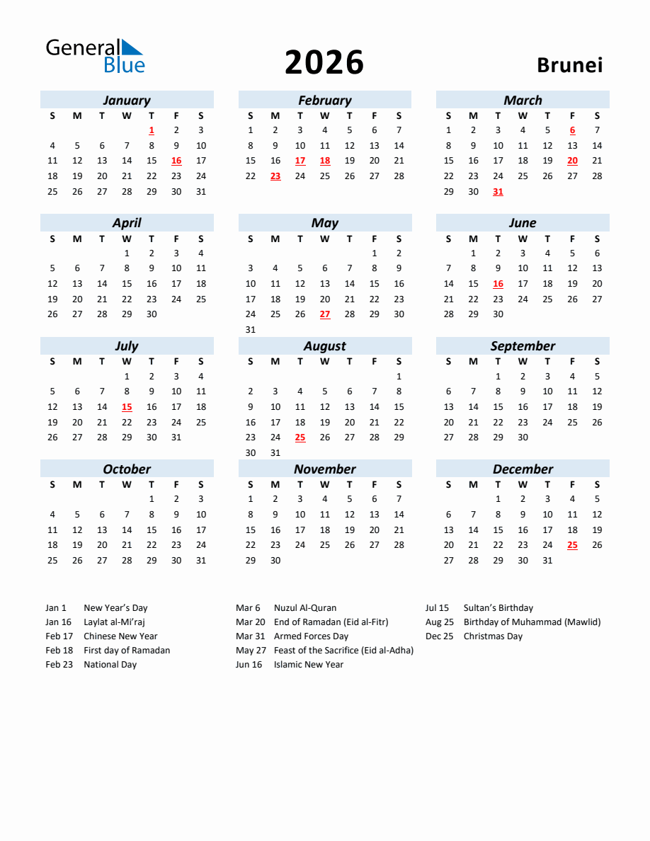 2026 Yearly Calendar for Brunei with Holidays