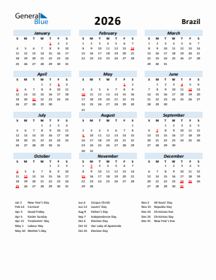 Brazil current year calendar 2026 with holidays