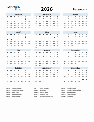 Botswana current year calendar 2026 with holidays