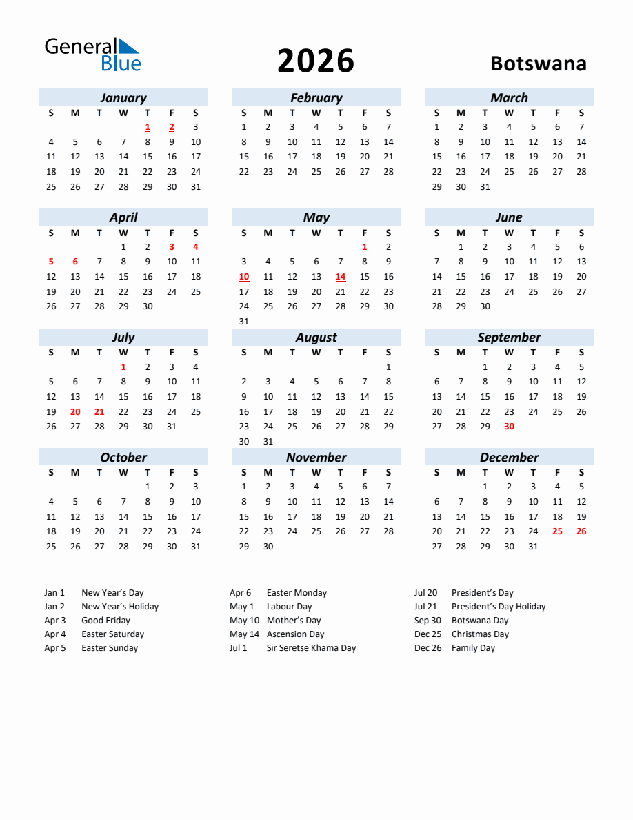 2026 Yearly Calendar for Botswana with Holidays