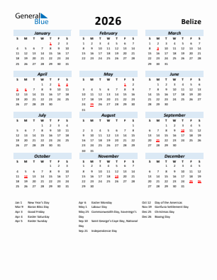 Belize current year calendar 2026 with holidays