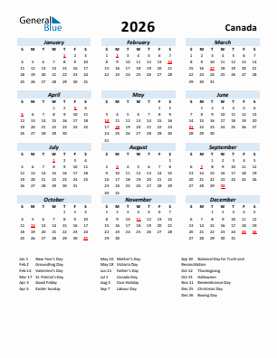 Canada current year calendar 2026 with holidays