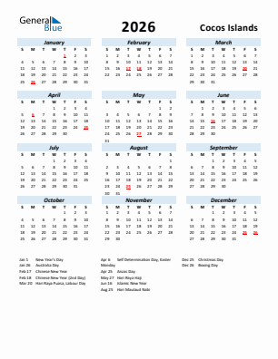 Cocos Islands current year calendar 2026 with holidays