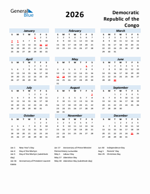 Democratic Republic of the Congo current year calendar 2026 with holidays