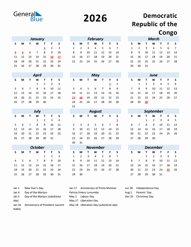 2026 Calendar for Democratic Republic of the Congo with Holidays
